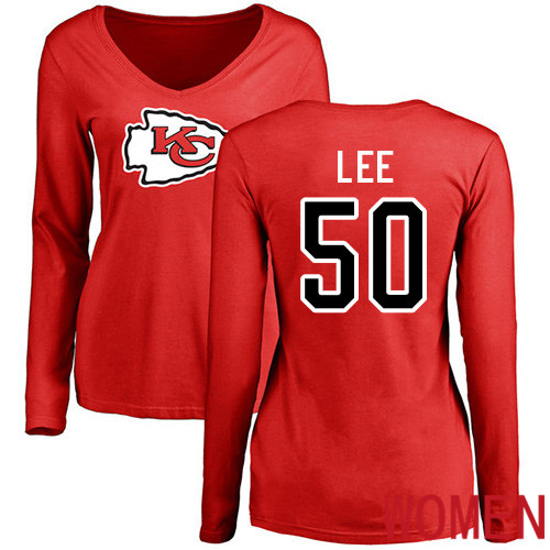Women Kansas City Chiefs #50 Lee Darron Red Name and Number Logo Slim Fit Long Sleeve NFL T Shirt->nfl t-shirts->Sports Accessory